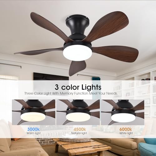 33In Black Low Profile Ceiling Fans with Lights and Remote/APP Control, Modern Flush Mount Ceiling Fan with 5 Reversible Blades for Outdoor Patio,Small Room,Bedroom…