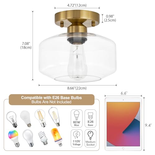 Semi Flush Mount Ceiling Light, 8.66" Clear Glass Shade, Brass Accent Socket, Modern Ceiling Light Fixture with Black Finish for Kitchen, Hallway, Entryway, Dining Room, Cafe, Bar