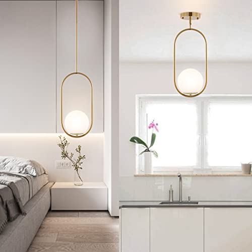 Modern Gold Globe Pendant Light Mid Century Chandelier 1-Light Brushed Brass Ceiling Hanging Lighting Fixture with White Globe Glass Lampshade for Kitchen Island Dining Room Bedroom (2 Pack)