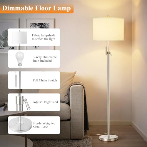 Floor Lamp for Living Room Adjustable Tall Standing Lamp, 3-Way Dimmable Floor Lamp for Bedroom Office, Black Gold Lamp with Marble Base and White Linen Shade, 6W 3000K LED Blub Included