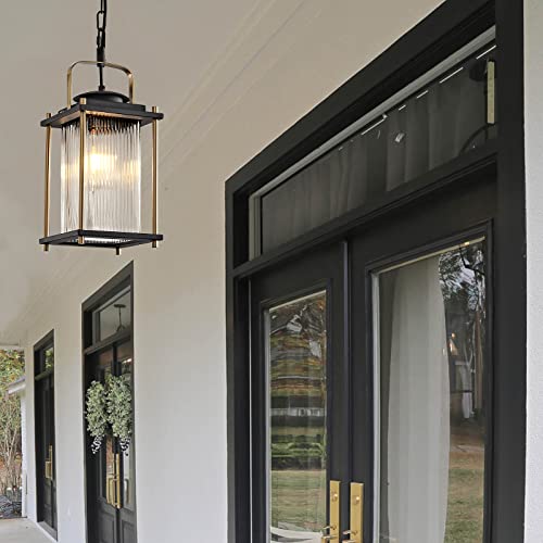 Outdoor Hanging Porch Light Waterproof Black and Gold Outdoor Pendant Lights Outdoor Chandelier with Striped Glass for Porch Entryway and Front Door.