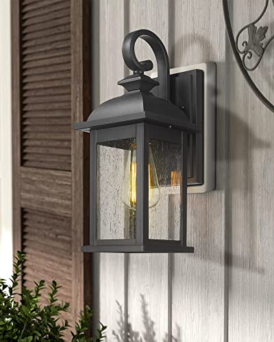 FEMILA Outdoor Wall Light Fixture,1-Light Exterior Waterproof Wall Sconce,E26 Socket Front Porch Lights,Anti-Rust Matte Black Finish with Seeded Glass Lampshade,4FD54B-BK