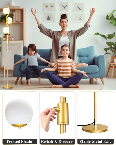 Dimmable Globe Floor Lamp, Gold Standing Lamps with 4PCS 3000K G9 Bulbs Soft Warm White Eye Care, Mid Century Modern Floor Lamp for Living Room