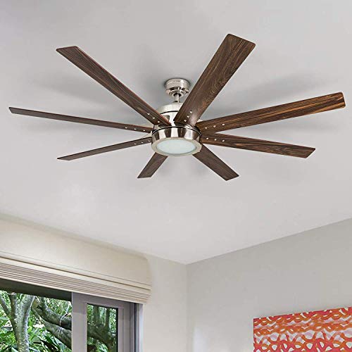 Ceiling Fans Xerxes, 62 Inch Contemporary LED Ceiling Fan with Light and Remote Control, 8 Blades with Dual Finish, Reversible Motor - 51628-01 (Brushed Nickel)