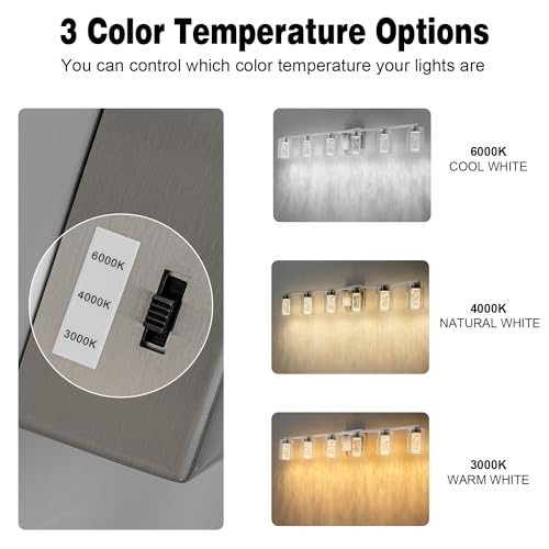 2-Light Brushed Nickel Vanity Light with 3 Color Modes (3000K/4000K/6000K), Eye Protection LED Bathroom Light Fixture, Dimmable Modern Wall Light Over Mirror with Clear Glass Shade