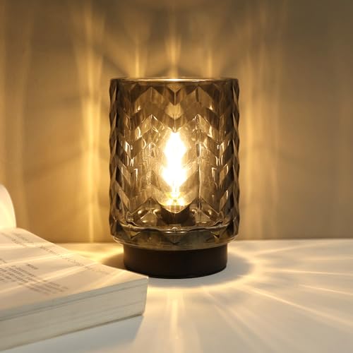 Battery Operated Lamp with Timer, Small Table Lamp with LED Bulb, Glass Cordless Lamps Beside Table Light for Living Room, Bedroom, Entryway Diamond Design-Green