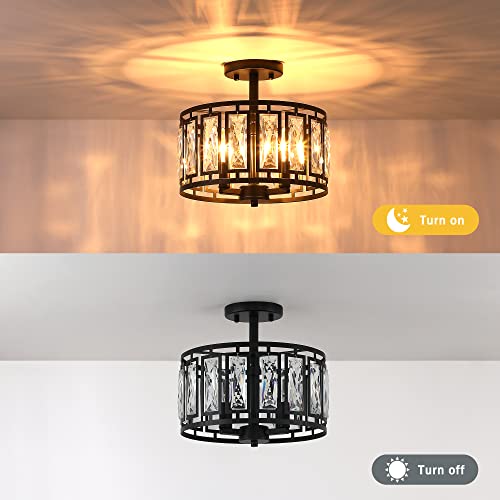 Crystal Pendant Lighting Fixture Matte Black Drum Shade Chandelier,2-Pack Pendant Lights for Kitchen Island Modern Ceiling Lights for Living Room