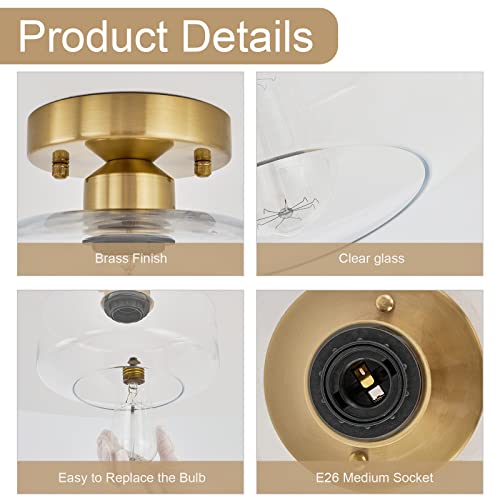 Semi Flush Mount Ceiling Light, 8.66" Clear Glass Shade, Brass Accent Socket, Modern Ceiling Light Fixture with Black Finish for Kitchen, Hallway, Entryway, Dining Room, Cafe, Bar