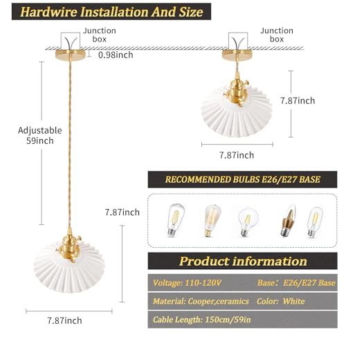 Pendant Light with White Pleated Ceramic Lmapshade, Brass Vintage Pendant Light Adjustable Hanging Light for Kitchen Island Dining Room Hallway 7.87 Inch Diam