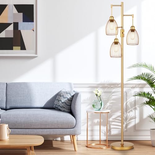 Dimmable Floor Lamp, Industrial Floor Lamps for Living Room, Gold Tree Lamp Standing Lamp Tall Lamps with 3 Elegant Teardrop Cage Head & 800 Lumens LED Bulbs for Living room Bedroom Office