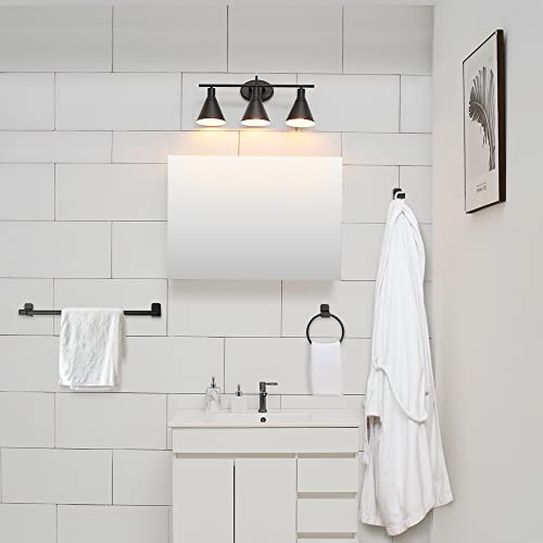 Globe Electric 51710 Bathroom Accessory Set, Matte Black, 3-Light Vanity Light, Towel Bar, Towel Ring, Robe Hook, Toilet Paper Holder, Bathroom Lights Over Mirror, Home Décor, Brooklyn, 5-Piece