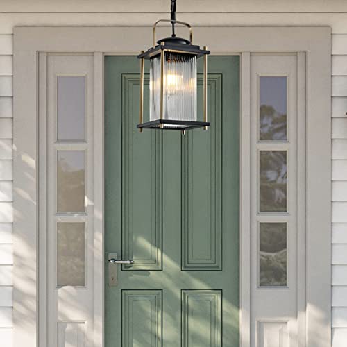 Outdoor Hanging Porch Light Waterproof Black and Gold Outdoor Pendant Lights Outdoor Chandelier with Striped Glass for Porch Entryway and Front Door.