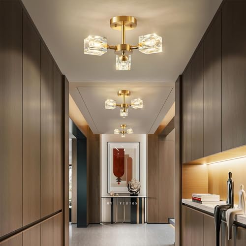 Semi Flush Mount Ceiling Light 3 Lights Crystal Chandeliers Gold Ceiling Light Modern Ceiling Light for Bedroom Kitchen Hallway Bathroom Entryway Dining Room Living Room