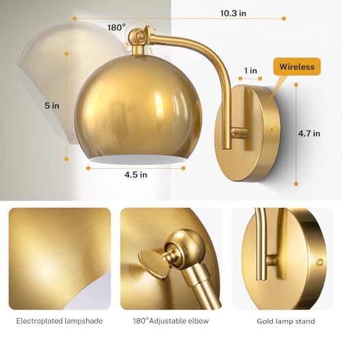 Wall Sconces Battery Operated, Gold Wall Sconce Battery Operated with Remote Set of 2, Not Hardwired Dimmable Battery Wall Sconce, Wireless Wall Lamp/Light for Bedroom, LED Bulb Included