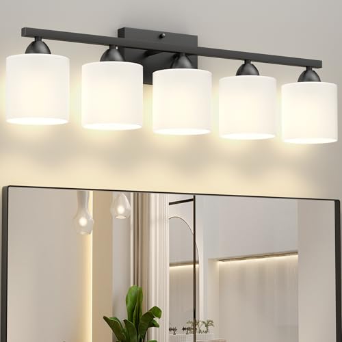 Black Bathroom Light Fixtures Over Mirror, Rustproof Vanity Lights for Bathroom, Modern 3-Light Wall Sconces for Living Room, Milky White Glass Shades, Standard E26 Base, Bulbs Not Included