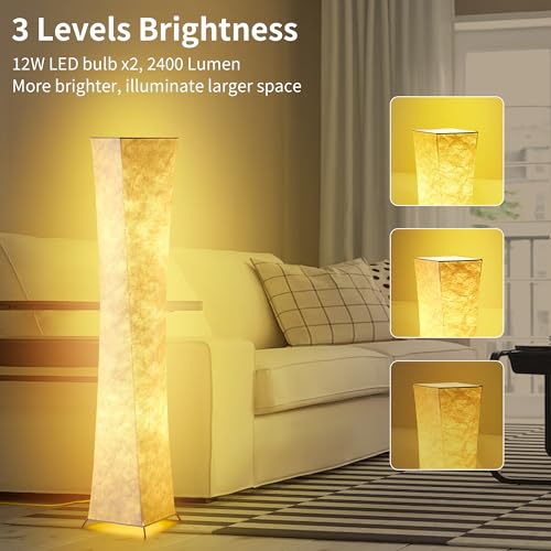 Floor Lamp, Dimmable 64" Tall Standing Lamp, 3 Levels Adjustable Brightness 12Wx2 LED Bulbs, Column Floor Light w/White Fabric Shade, Home Decor for Living Room, Bedroom, Kids Room