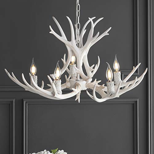 30" Adjustable Resin Antler 5-Light LED Chandelier, Glam, Rustic,Cottage,Transitional, Dimmable Dining Room, Living Room, Kitchen, Foyer, Bedroom, White