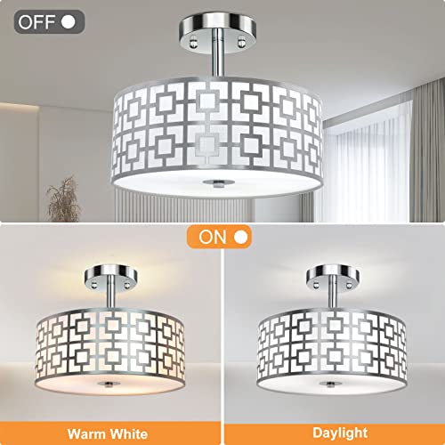 DLLT Flush Mount Ceiling Light: Modern Semi Flush Chandelier Lamp Brushed Chrome Finish - Drum Light Fixture for Bedroom Hallway Kitchen - 3-Light Silver Ceiling Fixture with Double Shade