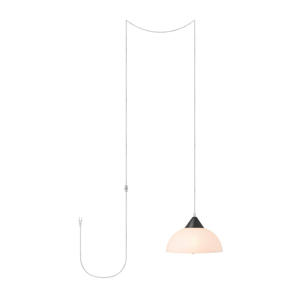 1-Light Plug-in Pendant, Brushed Steel, Frosted White Shade, 15ft Clear Cord, in-Line On/Off Switch, E26 Base Socket, Kitchen Island, Café, Hanging Light, Bulb Not Included