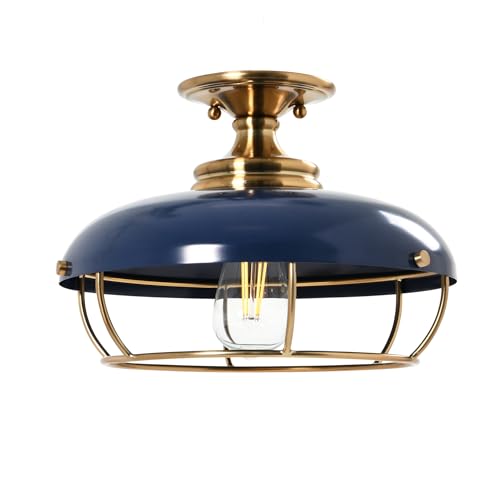 Caged Dome Metal Semi-Flush Mount Ceiling Light, Brushed Brass and Navy Blue