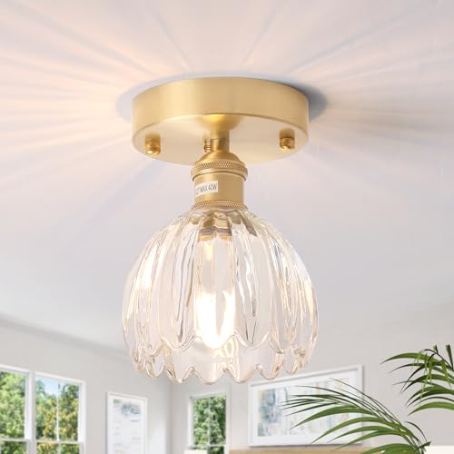 Semi Flush Mount Ceiling Light, Gold Hallway Vintage Lights Fixture Ceiling with Amber Peony Glass, Bulb Included, 4.72" Base Modern Ceiling Light Fixtures for Kitchen Bedroom