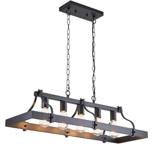 Indutstiral Black Chandeliers for Dining Room, 5-Light Farmhouse Rustic Light Fixtures Over Table, Modern Linear Rectangular Kitchen Island Ceiling Pendant Lighting