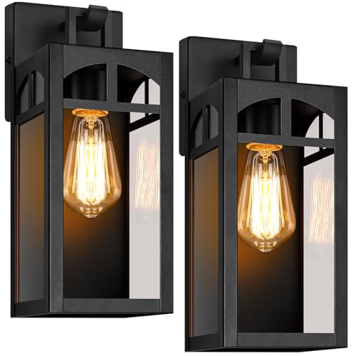 Outdoor Wall Lanterns, Exterior Waterproof Matte Black Wall Light Fixtures, Sconces Wall Lighting with Clear Glass Shade, Anti-Rust E26 Socket Wall Mount Lights for Porch Entryway Patio Garage, 2 Pack