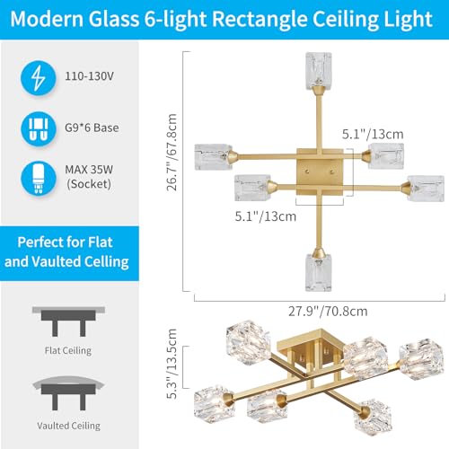 XINGQI Gold Chandelier Sputnik 8-Light Modern Farmhouse Glass Light Fixtures Rectangle Linear Chandelier for Dining Room Living Room Bedroom Kitchen Island