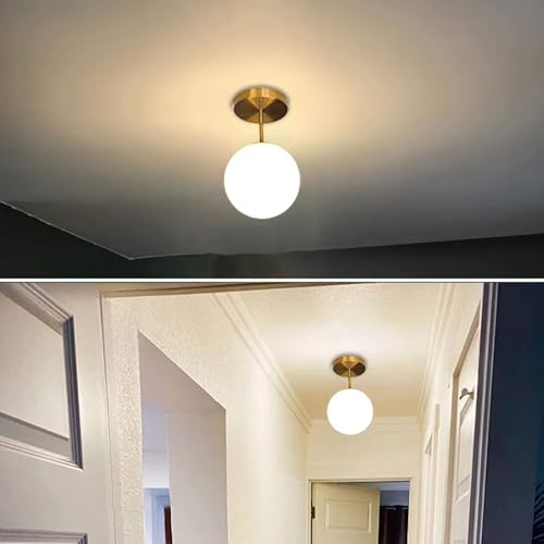 KoKo&Yukina 3-Light Semi Flush Mount Ceiling Light Globe Ceiling Light Mid Century Ceiling Light with Opal Milk Glass Globe & Brushed Brass for Bedroom Hallway Entryway Kitchen Living Room-Bulb Incl