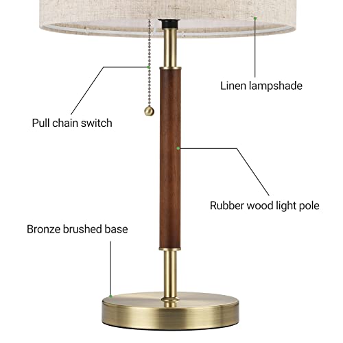 Mid Century Table Lamp, Bedside Lamp with Pull Chain Switch, Solid Wood & Metal Pole, Modern Nightstand Table Lamp for Living Room, Bedroom, Office, Frosted Bronze & Wood Finish