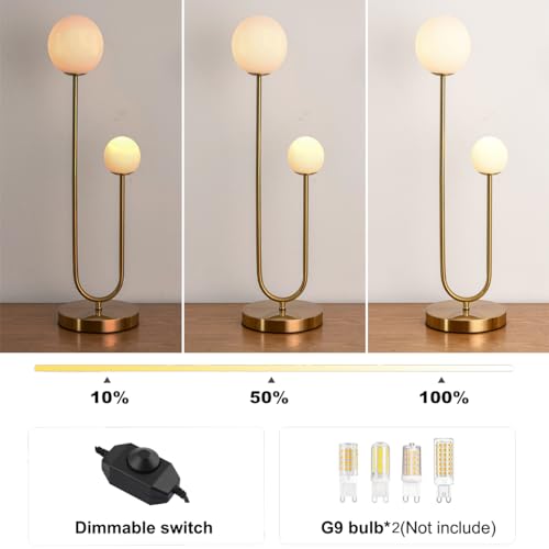 Mid Century Gold Globe Table Lamp Modern U-Shape 2-Light Desk Table Light with Milk White Glass Shade Metal Base Nightstand Lamp for Bedroom Bedside,G9 Bulb