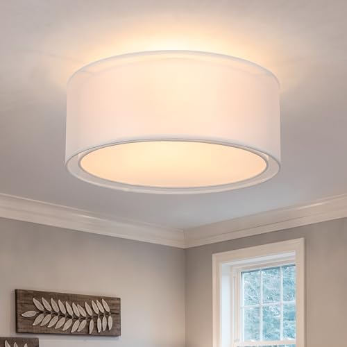 3-Light Double Fabric Drum Ceiling Light Fixture, 12.59 Inches Simple Semi Flush Mount Ceiling Lights with Double Fabric Shade, Modern Close to Ceiling Lights for Bedroom, Hallway E26 60W