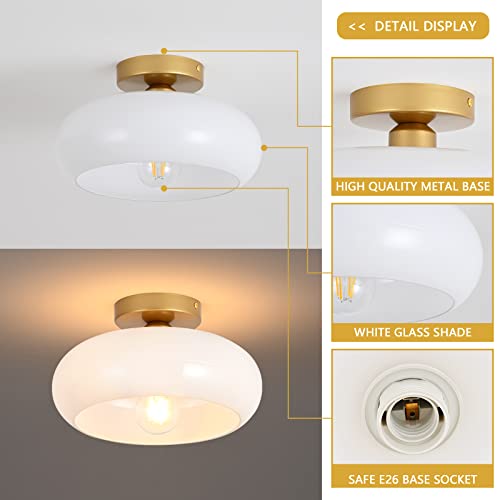 Mid-Century Modern Gold Semi Flush Mount Ceiling Light, Kitchen Ceiling Light Fixture with Glass Shade, Vintage White Close to Ceiling Lamp for Entryway Hallway Bathroom (8.66 Inch)