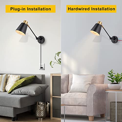 Dimmable Wall Lamp with Plug in Cord, ENCOMLI Plug in Wall Sconces Set of Two, Swing Arm Sconces Wall Lighting with On Off Switch, Metal Black Brass Industrial Wall Sconce Plug in Wall Light, E26 Base