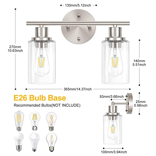 Vanity Wall Light Fixtures, Modern 3 Lights Wall Sconce with Clear Glass Shade, Brushed Nickel Farmhouse Wall Lamp for Bathroom Mirror Kitchen Porch Living Room Workshop (E26 Base)