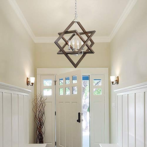 2024 Upgraded Wood Farmhouse Chandeliers for Dining Room, 4-Light Rustic Foyer Geometric Lantern Coastal Pendant Light Fixture, Modern French Country Lighting for Kitchen Island Entryway Bedroom Entry