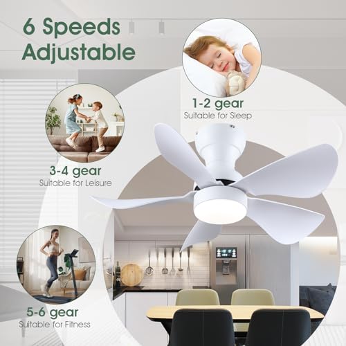 Ceiling Fans with Lights and Remote/APP Control, 30 inch Low Profile Ceiling Fans with 5 Reversible Blades 3 Colors Dimmable 6 Speeds Ceiling Fan for Bedroom Kitchen Dining Room, White