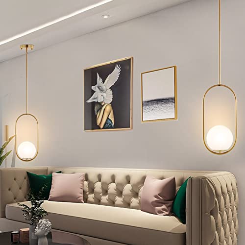 Modern Gold Globe Pendant Light Mid Century Chandelier 1-Light Brushed Brass Ceiling Hanging Lighting Fixture with White Globe Glass Lampshade for Kitchen Island Dining Room Bedroom (2 Pack)