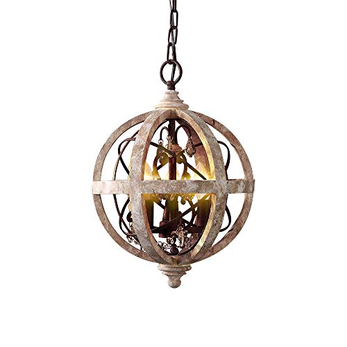 Rustic Retro Weathered Wooden Globe Metal Orb Crystal 5-Light Chandelier Candle Style Wood Pendant Light Fixtures (Medium)