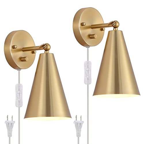 Gold Sconces Set of 2, Modern Brass Wall Sconces Lighting Fixtures with Metal Shade, Indoor Decor Wall Mount Swing Arm Lamp for Bedroom,Bedside,Kitchen,Hallway,Living Room,Reading,Bar