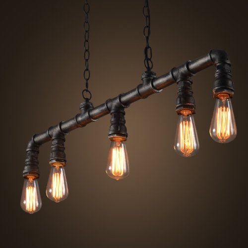 Rustic Industrial Tube Pipe Chandeliers, Steampunk Pendant Light Fixture 5-Light Edison Farmhouse Ceiling Lamp for Dining Room Living Room Bar