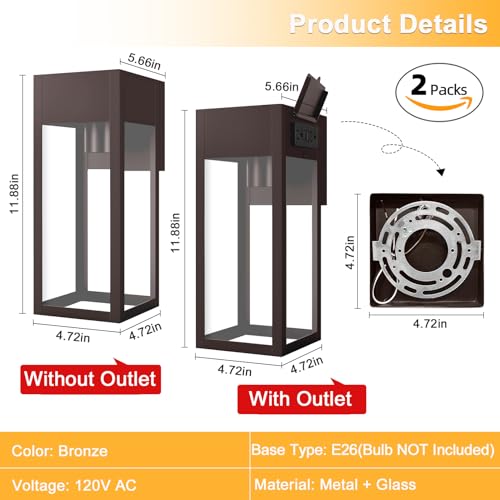 2 Pack Porch Lights Outdoor Wall Sconce, Outdoor Light with GFCI Outlet, Waterproof Exterior Wall Lantern Light Fixtures, Anti-Rust Wall Lamp with Clear Glass for Patio Doorway Garage- Black