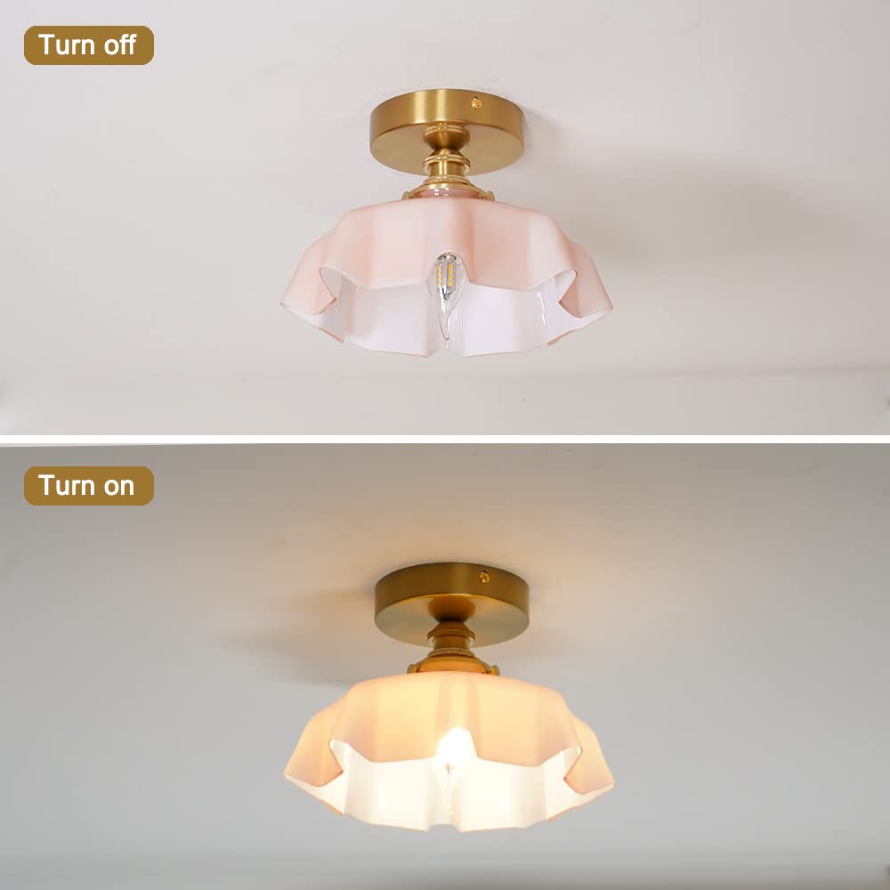 Brass Semi Flush Mount Ceiling Light, Cute Small Green Glass Flush Mount Ceiling Light, Porch Ceiling Light Fixtures, Flower Shape Glass Close to Ceiling Light for Closet Hallway Entryway