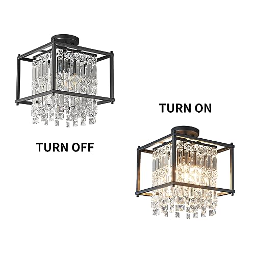 4-Light Dining Room Light Fixture 11.81 inch Square Lndustrial Farmhouse Chandelier Gold Metal Crystal Pendant Light for Kitchen Island Dining Room Living Room Flat and Inclined Ceiling