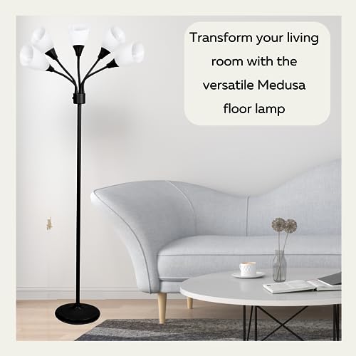 Modern Multi-Head Medusa Floor Lamp - 5 Light Standing Lamp for Bedroom and Living Room with Positionable Acrylic White Shades & 3-Light Mode Switch - Tall Black Floor Lamp for Living Room Decor