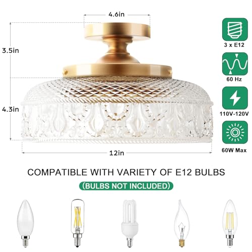 Semi Flush Mount Ceiling Light, Upgraded Larger Golden Hallway Light Fixture, 3-Bulb Globe Glass Close to Ceiling Light,Indoor Hanging Light for Bedroom Kitchen Porch Hallway,Bulbs Not Included