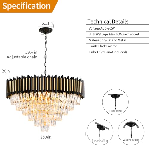 Modern Crystal Chandeliers 3 Tiers Black and Gold Chandelier Pendant Light Fixtures Round Flush Mount Chandeliers Ceiling Lighting for Living Room Dining Room Foyer Bedroom Entryway Kitchen W16in