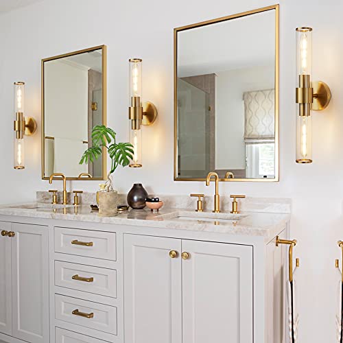 Gold Wall Sconce, Bathroom Light Fixtures in Clear Glass Indoor Wall Sconces, Modern Sconce Wall Lighting Up and Down Vanity Lights Fixtures for Bathroom,Living Room,Hallway, Kitchen