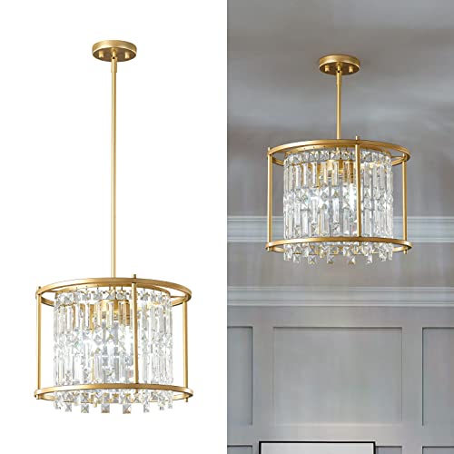 4-Light Dining Room Light Fixture 11.81 inch Square Lndustrial Farmhouse Chandelier Gold Metal Crystal Pendant Light for Kitchen Island Dining Room Living Room Flat and Inclined Ceiling