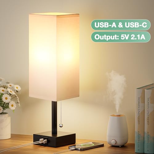 Small Table Lamp for Bedroom - Bedside Lamps for Nightstand, Minimalist Night Stand Light Lamp with Square Fabric Shade, Desk Reading Lamp for Kids Room Living Room Office Dorm